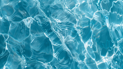 Fototapeta premium Transparent blue clear water surface texture with ripples, splashes and bubbles. Abstract summer banner background Water waves in sunlight with copy space Cosmetic moisturizer micellar toner emulsion 