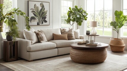 Beige Sofa Living Room Decor With Plants And Woven Coffee Table