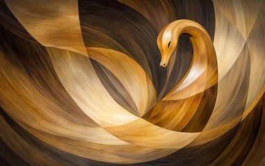 Abstract wooden swan in swirling, textured brown and beige tones.