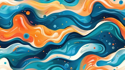 Fototapeta premium An abstract painting featuring swirling blue, orange, and white hues against a vibrant backdrop of blue, yellow, orange, and white