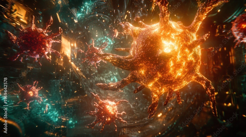 Poster Fiery Viral Particles In Motion Through Space