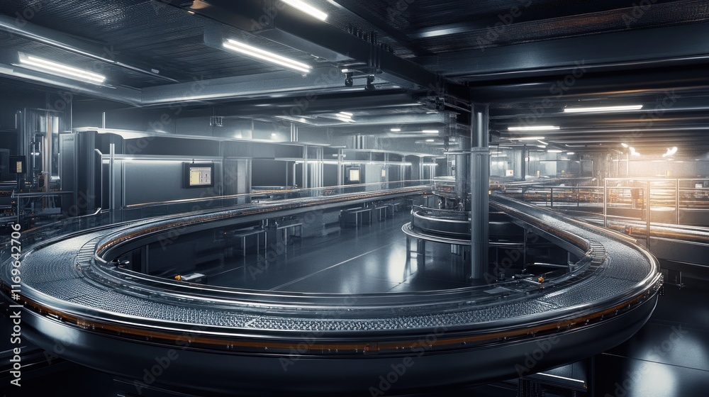 Poster futuristic automated conveyor system in modern factory