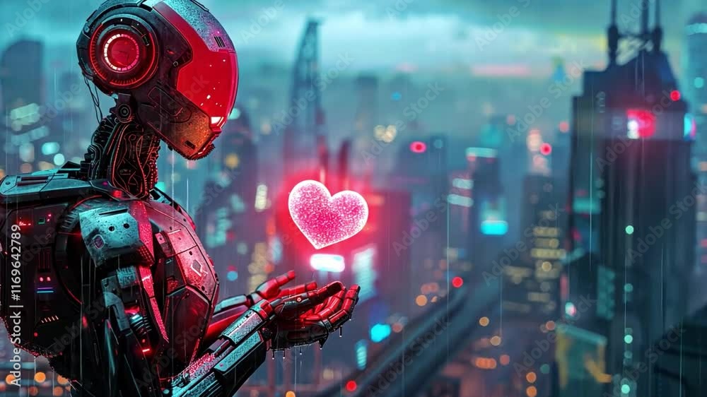 Poster a robot delicately cradles a shimmering, heart-shaped object while overlooking a bustling, illuminat