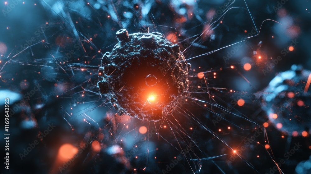 Poster dark sphere glowing core fractured surface cosmic background