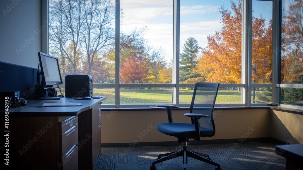 Poster autumnal view from office desk with computer and chair