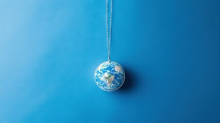   A necklace featuring an Earth photo on a chain against a blue backdrop