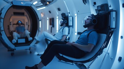 astronaut training simulation where participants are learning about space travel, floating in zero-gravity chambers, and handling advanced equipment