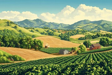 Obraz premium Rolling hills, farmlands, buildings, and sunny sky.