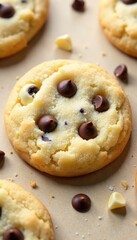 Slightly underbaked, soft cookie, abundant chips, pure white, high quality, high resolution, bakery