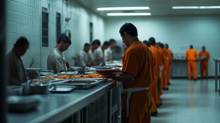 A group of inmates dressed in orange and neutral uniforms line up in a dining area, serving themselves from trays of food in a correctional facility kitchen setting