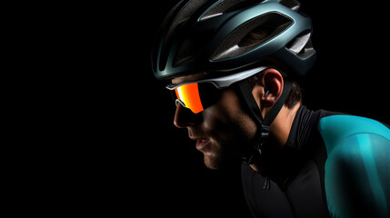 A cyclist showcases determination while wearing a modern helmet and vibrant reflective sunglasses. The rider is captured against a dark backdrop, highlighting the sleek gear and focused expression
