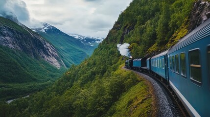 A vintage train winds along a trestle track, surrounded by verdant hills and majestic mountains. Clouds hover above, creating a dramatic ambiance as steam billows from the locomotive