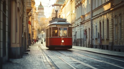 A red tram travels along cobblestone streets as the sun sets, casting warm light on historic buildings. People stroll nearby, enjoying the vibrant atmosphere of the old town