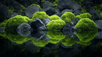 Naklejka premium Moss-covered rocks create a vibrant green landscape reflected in tranquil water, highlighting nature's beauty in a serene environment under bright daylight