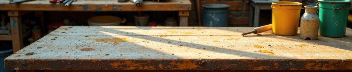 Wooden workbench, heavily used, paint chipped, old, workshop, craft