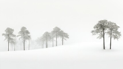   A cluster of coniferous trees perched atop a snowy incline amidst a woodland shrouded in mist