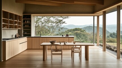 Naklejka premium Minimalist Wooden Kitchen With Mountain View