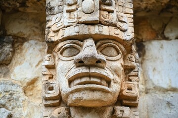 Ancient stone carving, weathered face, detailed features.