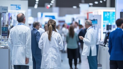 bustling exhibition hall at a medical conference, showcasing the latest medical devices