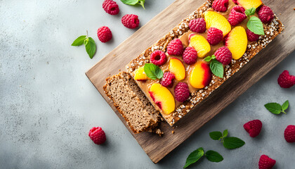 Buckwheat healthy bread with peanut butter, peach and raspberry on wooden board over concrete background. Top view