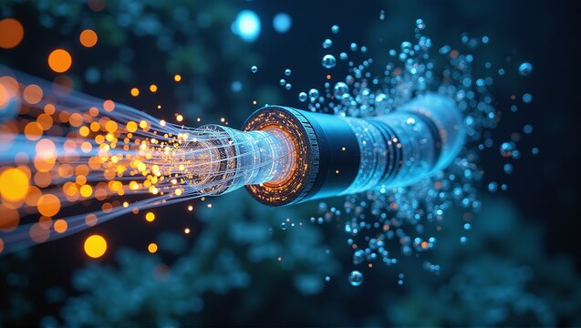 Close-up of an underwater fiber optic cable, connecting continents across oceans, enabling global internet and data transmission