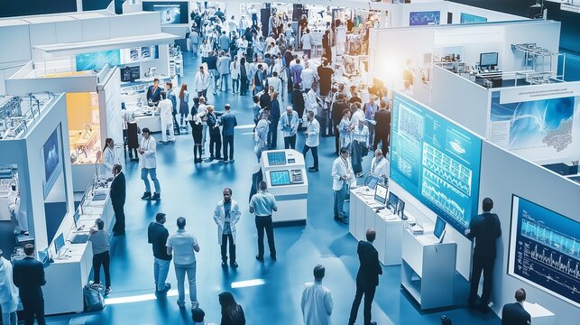 bustling exhibition hall at a medical conference, showcasing the latest medical devices