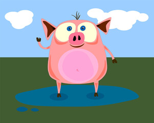 A cheerful pink pig waving to you while standing in a puddle on a green lawn.