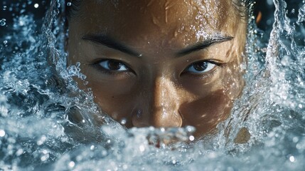 Woman Emerges From Water Splashing Face Close Up