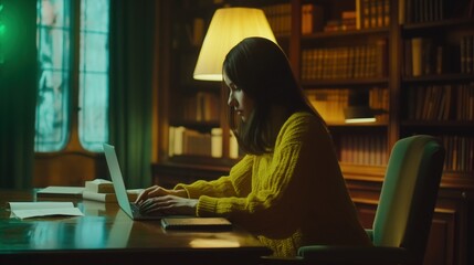 woman typing on open laptop in wooden library interior with lamp tall bookshelves calm copyspace concept of academic research online education knowledge