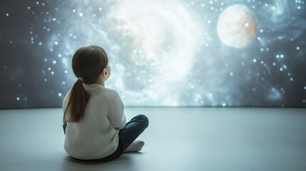 child discovering the wonders of space at a planetarium, gazing up at a projection of the stars