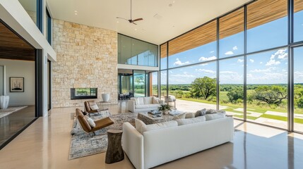 Modern Living Room With Stone Fireplace And Expansive View