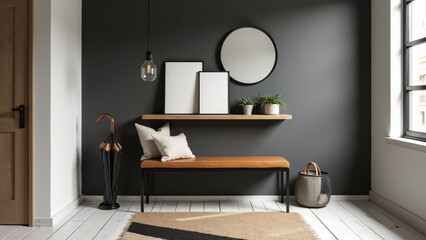 Industrial Scandinavian entryway with charcoal walls, whitewashed floors, and leather accents. Minimalist decor and warm textures create a sleek, stylish, and functional design.