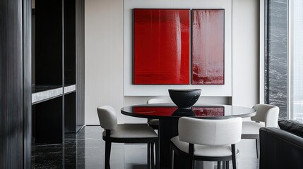 Modern Dining Room With Red Abstract Artwork