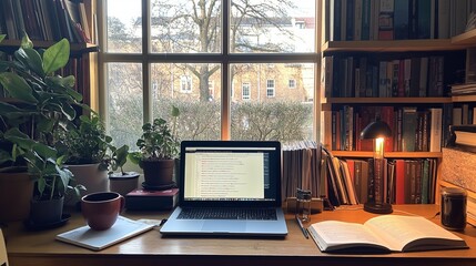 corner of a home filled with books, a laptop, a cup of coffee, and a learner taking notes while studying for an online course