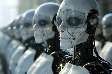 Fototapeta premium A row of robots with white faces are lined up