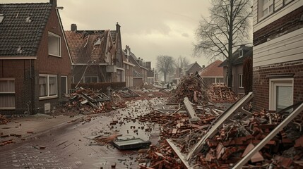 Hyperrealistic depiction of a devastated dutch street with collapsed houses and scattered rubble