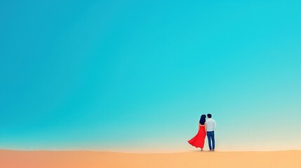 Fototapeta premium A man and woman stand in desert center, beneath blue sky