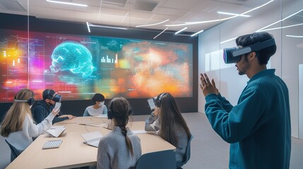 digital classroom with holographic screens displaying complex data, students wearing VR headsets
