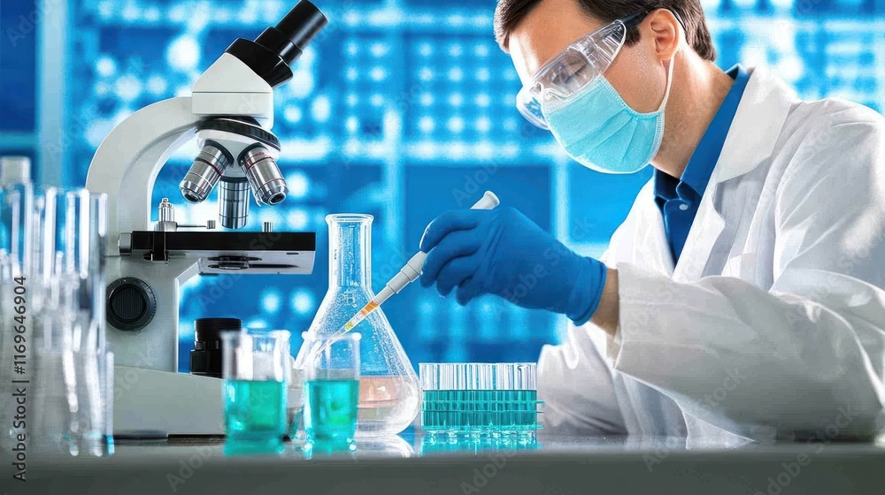 Poster scientist conducts laboratory research using a microscope