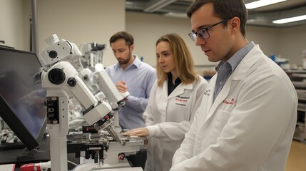 doctors collaborating in a workshop on robotic-assisted surgery, operating intricate robotic arms with precision