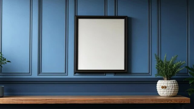 Wall-mounted frame on blue paneled wall with wooden shelf and decorative plant in a modern interior