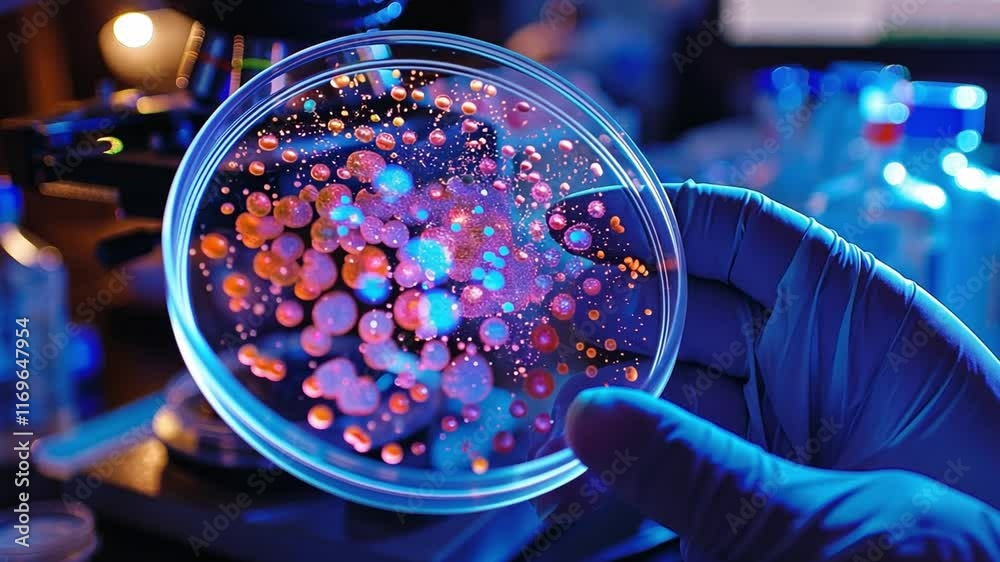 Poster a laboratory technician examines a petri dish filled with colorful cell cultures under microscope li