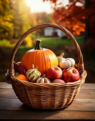 Autumn harvest in a wicker basket. Pumpkins, gourds, and apples glow in the warm sunlight.