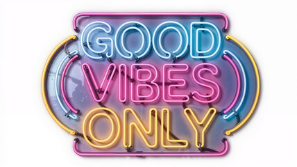 Retro neon sign displaying Good Vibes Only text in vibrant blue, pink, and yellow neon tubes against a gradient background. Perfect for lifestyle, motivation, and modern interior decor concepts