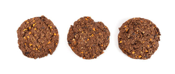 Chocolate oatmeal cookies, healthy cereal oat crackers with nuts, crispy homemade cookie with cocoa powder