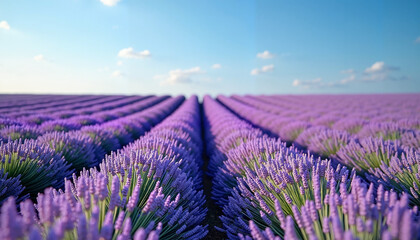 Obraz premium Field of lavender, rows of purple lavender plants under blue sky, midday light, aromatic and colorful 