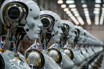 Fototapeta premium A row of robots with white bodies and black faces