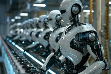 Fototapeta premium A line of robots are lined up in a factory
