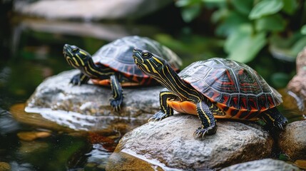 Obraz premium Two turtles relax on sunlit rocks by the edge of a calm pond, surrounded by vibrant green foliage, enjoying a peaceful moment in nature