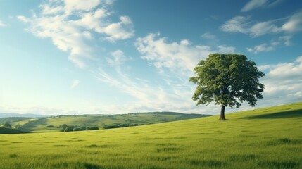 Obraz premium A vast green field stretches across the landscape, showcasing a solitary tree standing tall under a clear blue sky filled with wispy clouds